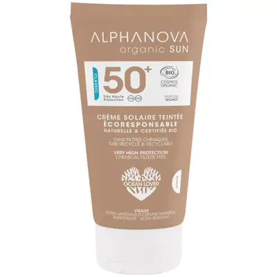 Alphanova Organic Facial Sun Cream Waterproof Golden Tint Spf50+ Bio Monoi Perfume 50g