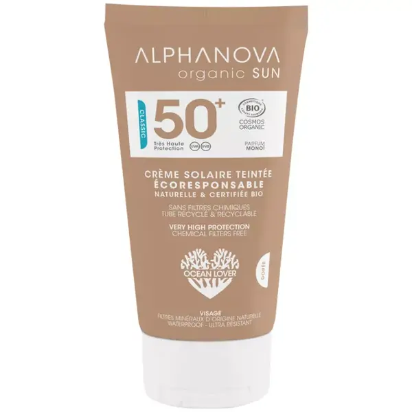 Alphanova Organic Facial Sun Cream Waterproof Golden Tint Spf50+ Bio Monoi Perfume 50g