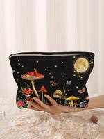 Mushroom & Butterfly Pattern Makeup Bag, Corduroy Zipper Makeup Bag, Multi-functional Portable Travel Storage Bag for Women &...