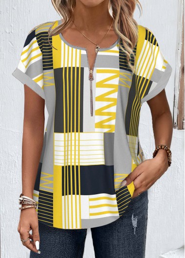 Modlily Multi Color Zipper Geometric Print Short Sleeve Blouse - L