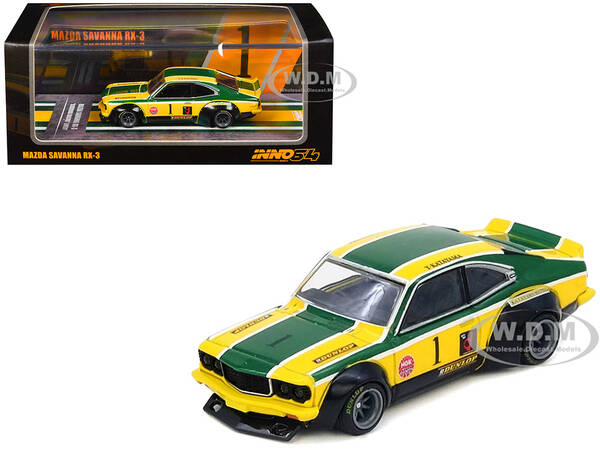 Mazda RX-3 Savanna RHD (Right Hand Drive) #1 Katayama Racing Livery Green and Yellow Striped 1/64 Diecast Model Car by Inno...