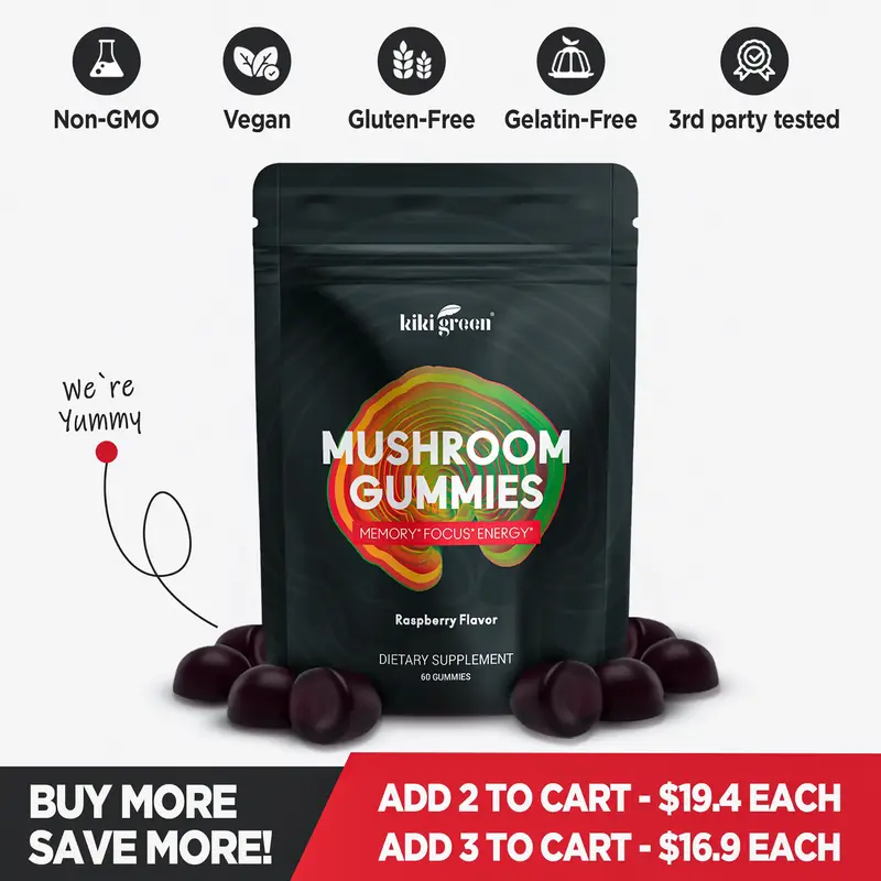 KIKI Green Mushroom Gummies for Energy & Cognitive Support – With Lion's Mane & 9 Adaptogen Mushrooms Blend: Chaga, Red Rei...