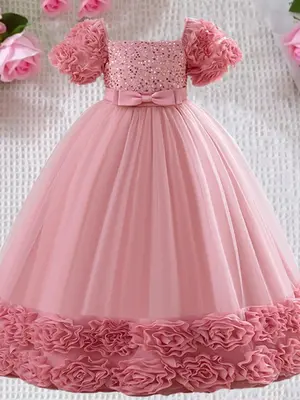 Girl's Floral Appliques Bow Belt Contrast Mesh & Sequin Zipper Back Dress, Elegant Puff Sleeve Square Neck A Line Dress for P...