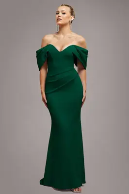 Goddiva Off The Shoulder Draped Sleeve Maxi Dress - Emerald Green
