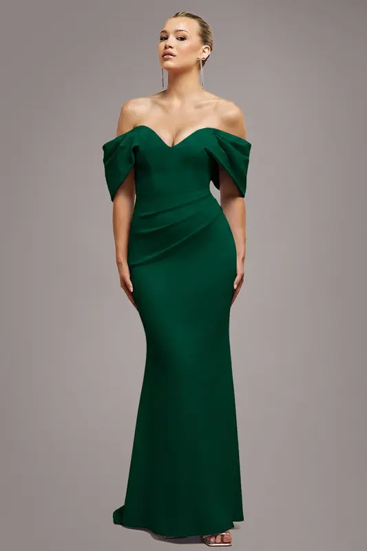 Goddiva Off The Shoulder Draped Sleeve Maxi Dress - Emerald Green