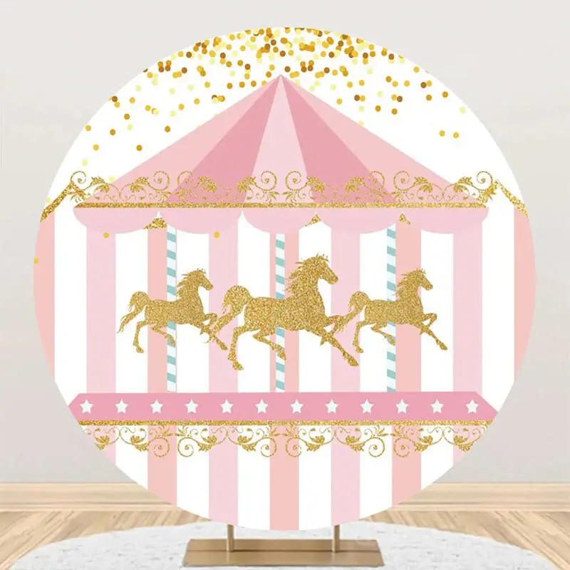 Pink Gold Carousel Circus Round Birthday Backdrop - Aperturee