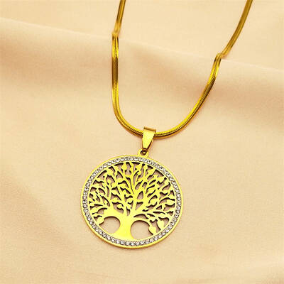 304 Stainless Steel Flat Round with Tree of Life Pendant Necklaces