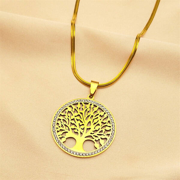 304 Stainless Steel Flat Round with Tree of Life Pendant Necklaces