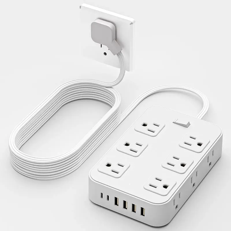 Outlet Extender Power Strip with 5 Ft/10 Ft Flat Extension Cord, 12 AC Outlets, 6 USB Charging Ports (4 USB A & 2 USB C) & Fl...