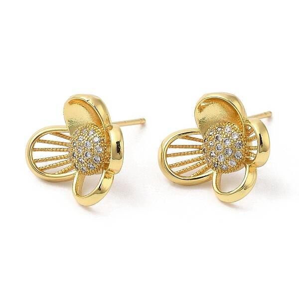 Rack Plating Brass Flower Stud Earrings with Cubic Zirconia