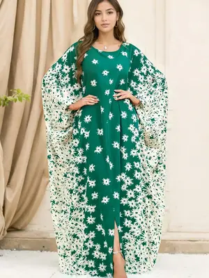 Women's Ditsy Floral Print Batwing Sleeve Split Hem Kaftan Dress, Elegant Long Sleeve Round Neck Maxi Muslim Dress, Ladies Is...