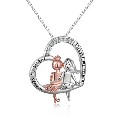 Sterling Silver Two-tone Round Crystal Sisters & Heart Pendant Necklace with Engraved Word