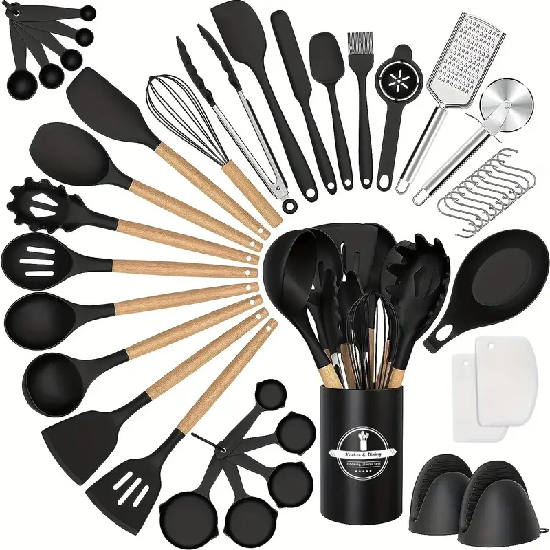 Silicone Cookware Set, 43pcs Non-stick Wooden Handle Kitchenware with Storage Bucket, High Temperature Resistant and Easy To ...