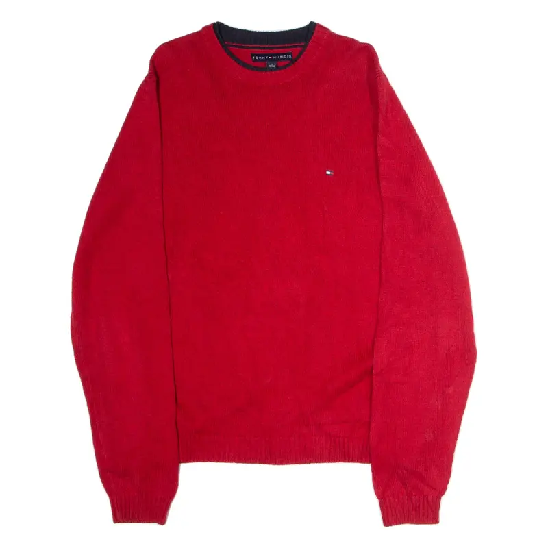 TOMMY HILFIGER Mens Jumper Red Crew Neck 90s Tight Knit M