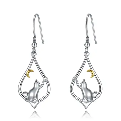 Sterling Silver Two-tone Cat & Moon Drop Earrings