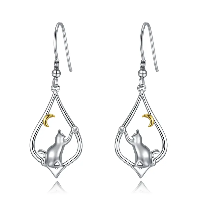 Sterling Silver Two-tone Cat & Moon Drop Earrings