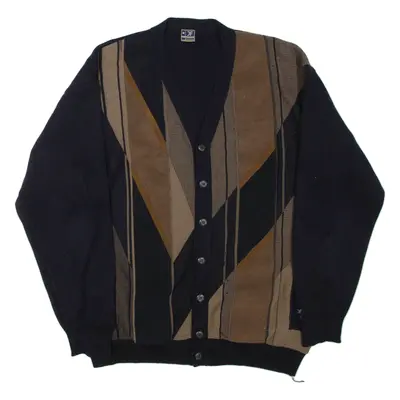 JF KNITWEAR Mens Patterned Cardigan Blue Geometric V-Neck Tight Knit XL