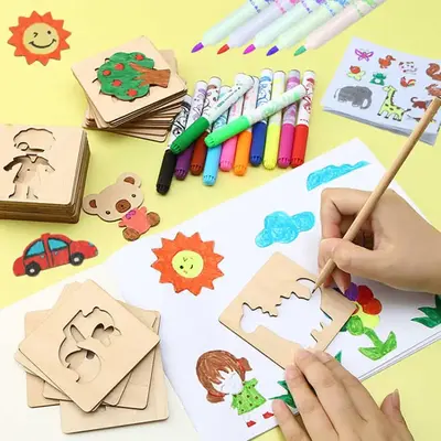 Wooden Drawing Stencils, 20pcs Random Color Wooden Cartoon Pattern Drawing Mold For Kid, Summer Gifts