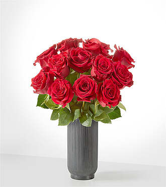 Red Rose Bouquet - 12 Roses with Black Ceramic Vase - FedEx