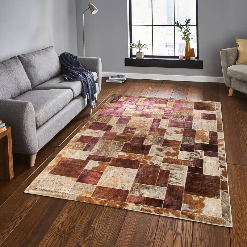 Bronze & Pink Leaf Cowhide Patchwork Rug
