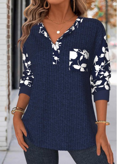 Modlily Navy Tummy Coverage Floral Print Long Sleeve Sweatshirt - L