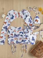 Women's 2024 Summer Swimsuit Set, Casual Halter Triangle Bra & Tie Side Panty & Long Sleeve Crop Tee & Drawstring Skirt Bikin...