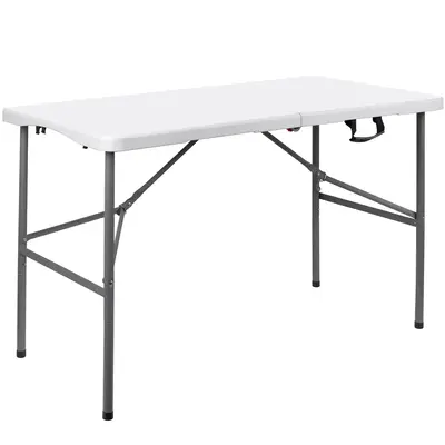 4FT Folding Table, Plastic Fold in Half Table Outdoor Indoor, with Handle and Lock - White
