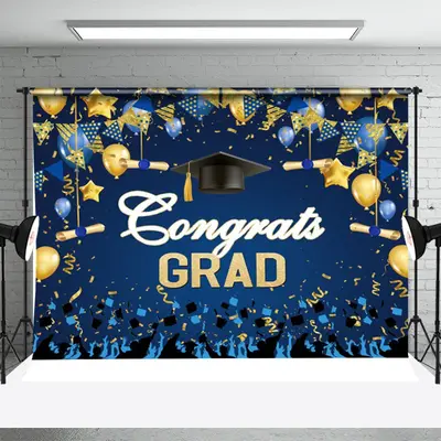 Blue Gold Balloon Ribbon Student Graduation Backdrop - Aperturee