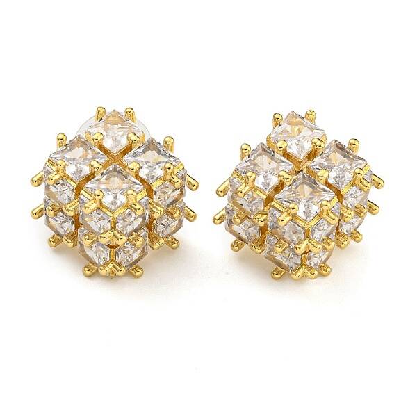 Brass Micro Pave Clear Cubic Zirconia Stud Earrings