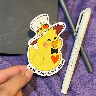 Lucifer’s Duck ‘Take That Depression’ | Rubber Duck Sticker, Cartoon Demon Hotel Sticker, Lucifer Morningstar Hat, Depr...