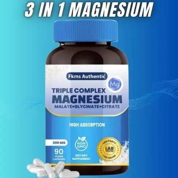 FKMS Authentic Triple Complex Magnesium 300mg - Glycinate Malate & Citrate for Good Sleep Energy Nerve & Bone Health - 90 Cap...