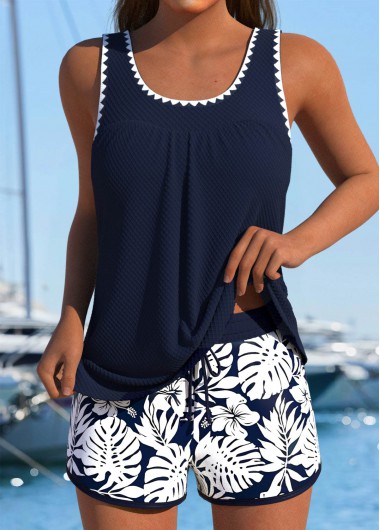 Modlily Tummy Coverage Mid Waisted Floral Print Navy Tankini Set - XL