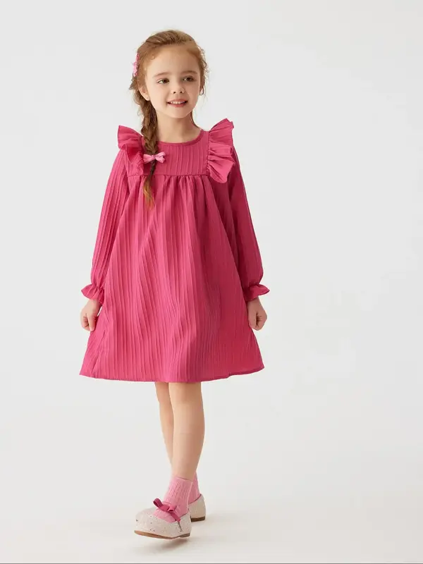 Toddler Girl's Ruffle Collar Belted Dress, Cute Solid Color A Line Dress for Daily Wear, Kids Clothes for Spring & Fall