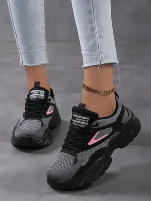 Women's Fashion Letter Label Lace Up Low Top Sneakers, Casual Breathable Comfortable Sports Running Shoes, Contrast Mesh Desi...