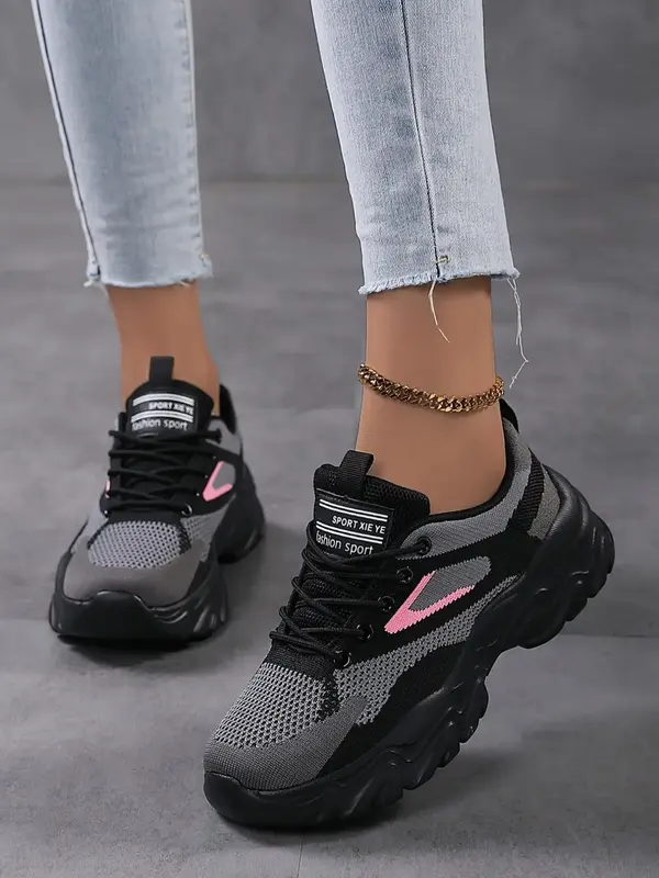 Women's Fashion Letter Label Lace Up Low Top Sneakers, Casual Breathable Comfortable Sports Running Shoes, Contrast Mesh Desi...