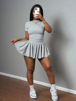 Two-piece Set Women's Solid Color Tee & Skort, Casual Short Sleeve T-shirt & Skort for Daily Wear, Ladies Clothes for Spring ...