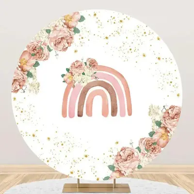 Pink Floral Rainbow Boho Round Backdrop For Birthday - Aperturee