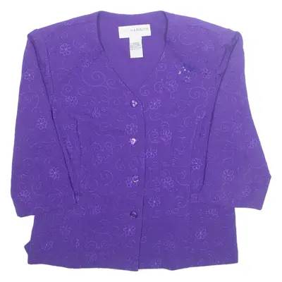 SAG HARBOUR Button Up Womens Printed Blouse Purple V-Neck 3/4 Sleeve Floral M