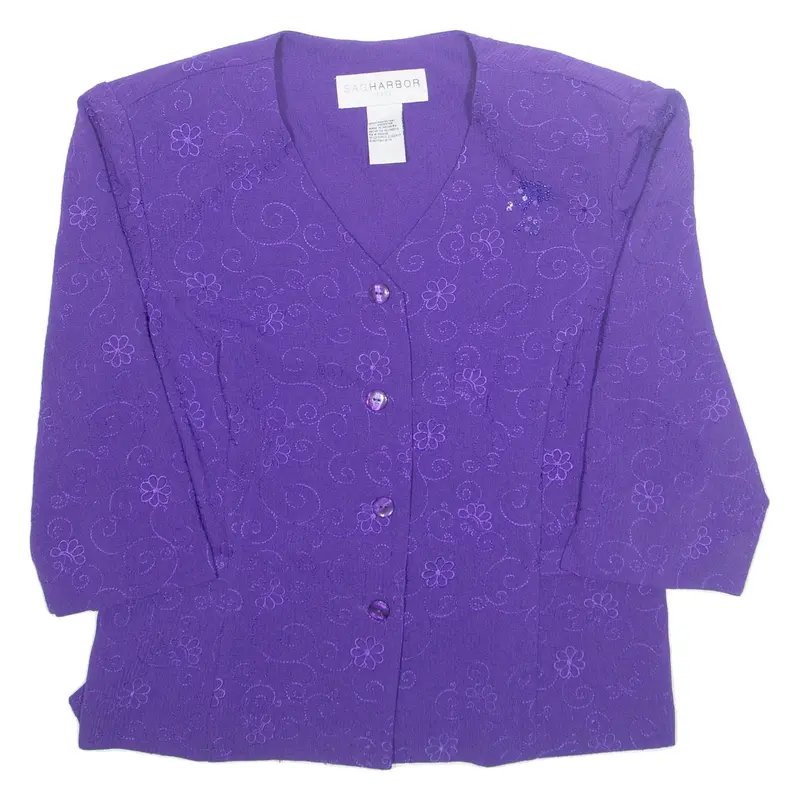 SAG HARBOUR Button Up Womens Printed Blouse Purple V-Neck 3/4 Sleeve Floral M