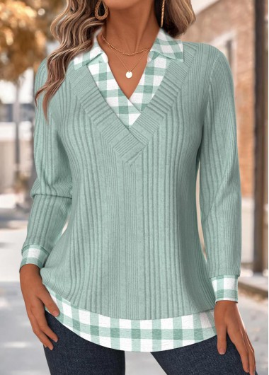 Modlily Light Green Tummy Coverage Plaid Long Sleeve T Shirt - L