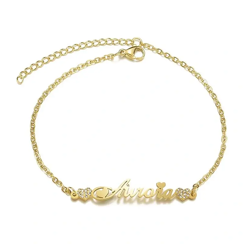 14K Gold Cubic Zirconia Personalized Classic Name Charm Bracelet for Women