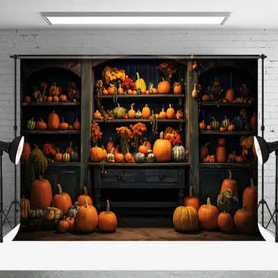 Retro Wooden Showcase Pumpkins Autumn Photo Backdrop