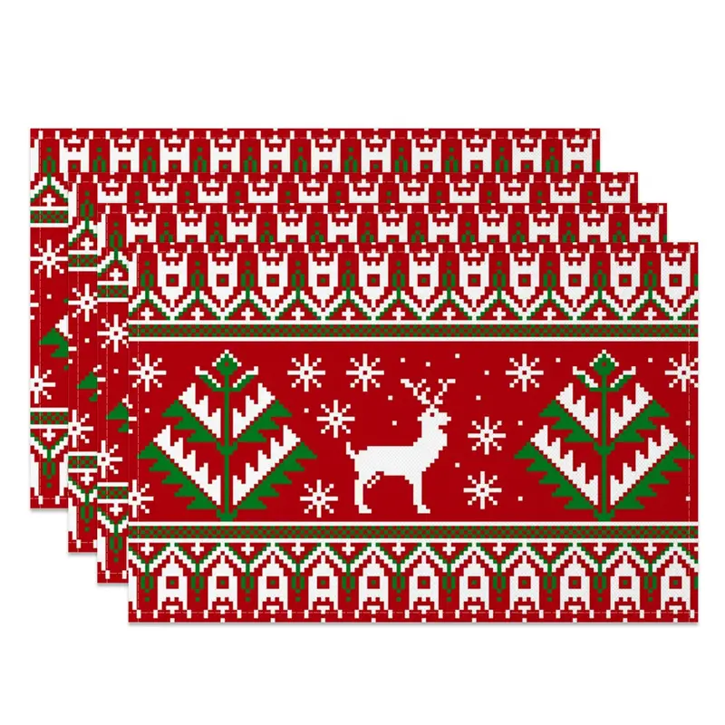 Aperturee Red Pixel Elk Snowflake Christmas Set Of 4 Placemats, 14x12 Inch, 15.8 USD, NYWH00412-S, placemats