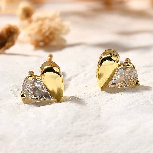 Heart Brass Micro Pave Clear Cubic Zirconia Stud Earrings