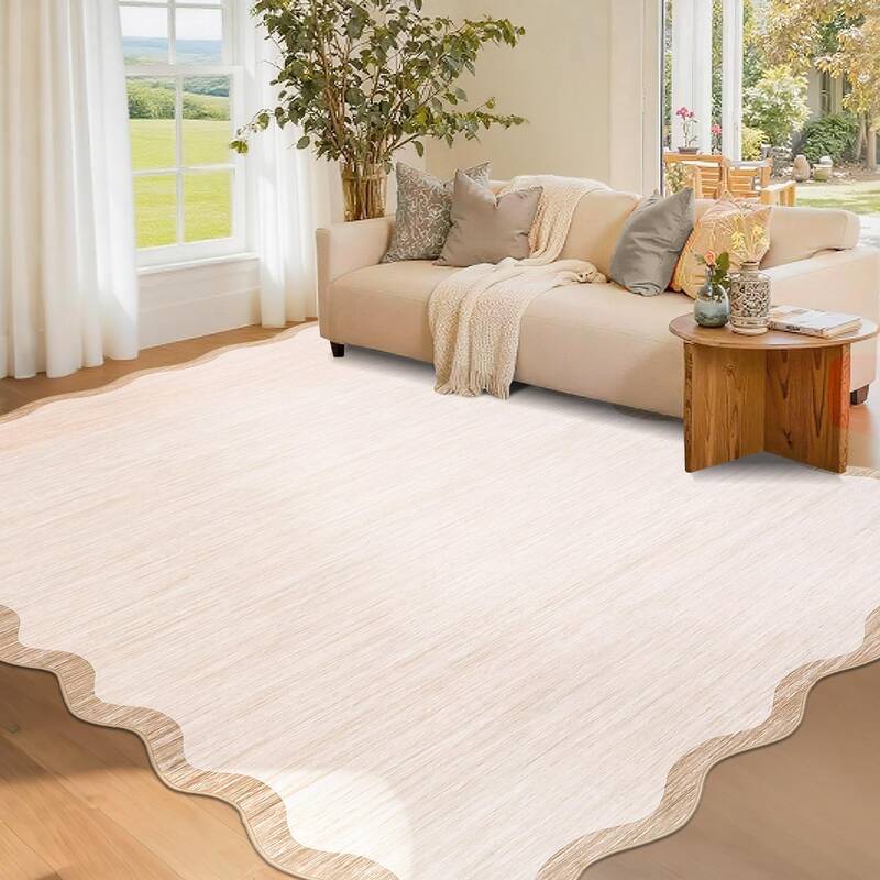 Garvee Scalloped Washable Rugs 5x7 Beige Non Slip Low Pile Stain Resistant Area Rug for Living Room Bedroom Office Dining Roo...