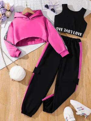 Three-Piece Set Girl's Letter Print Asymmetrical Hem Crop Hoodie & Letter Tape Crop Tank Top & Elastic Waist Sweatpants Set, ...
