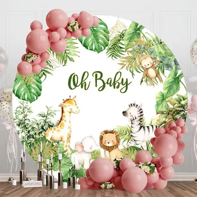 Animals Green Monstera Round Baby Shower Backdrop - Aperturee