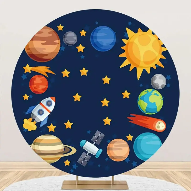 Universe Planet Star Rocket Round Backdrop For Party - Aperturee