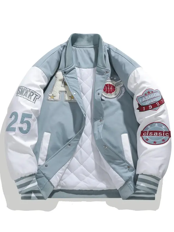 Men's Colorblock Letter & Figure Embroidery Baseball Collar Jacket, Regular Fit Casual Long Sleeve Button Front Outerwear for...