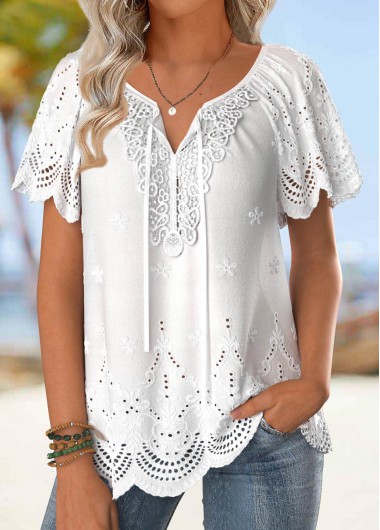 Modlily White Embroidery Short Sleeve Turn Down Collar Blouse - L